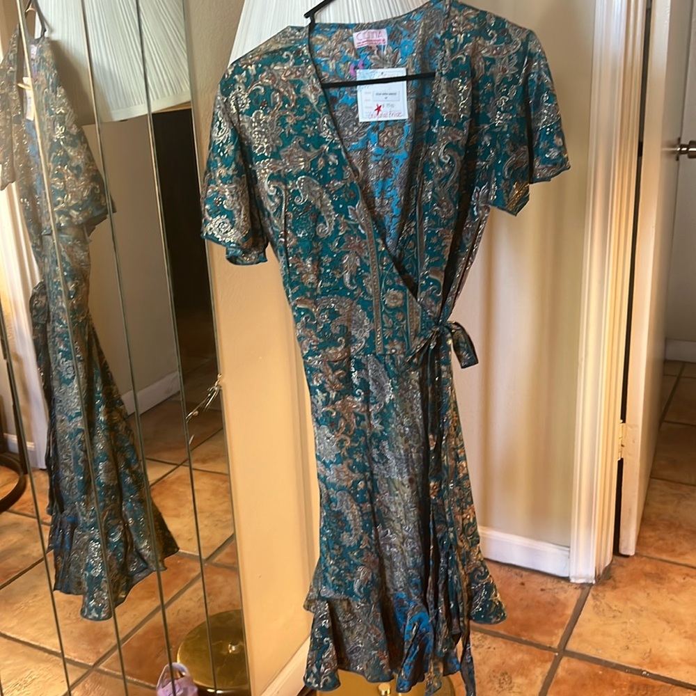 Cienna Women's Silk Blend  Maxi Wrap Dress M Green Gold Ruffled Boho Flowy